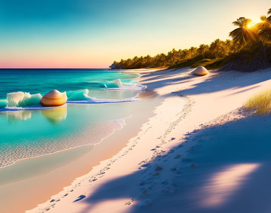 Vibrant tropical beach sunset with palm trees, smooth sand, waves, and seashells