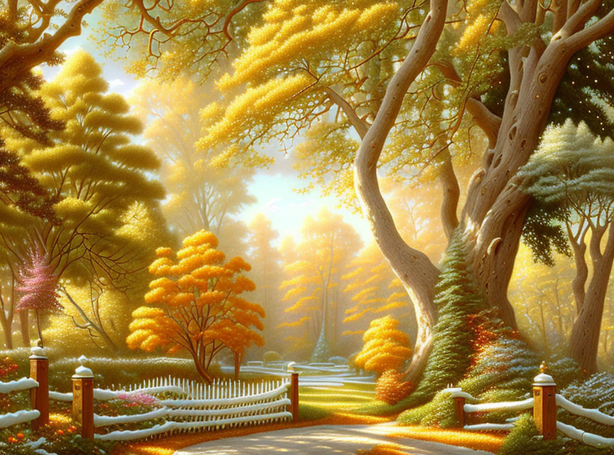 Golden Foliage and Sunbeams in Enchanted Forest Setting