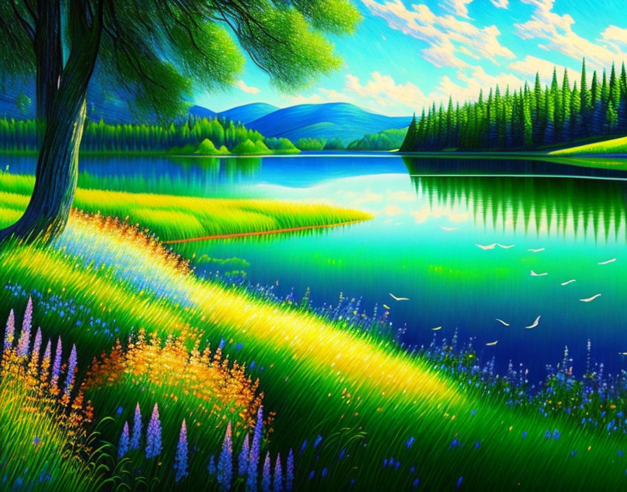 Serene lakeside painting with lush greenery and mountain backdrop