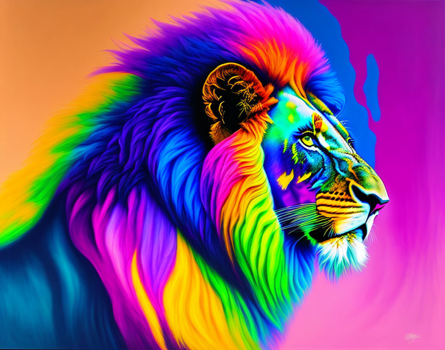 Multicolored lion illustration with flowing mane on vibrant background