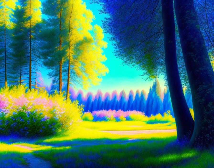 Colorful digital artwork: Forest path with vibrant, illuminated trees