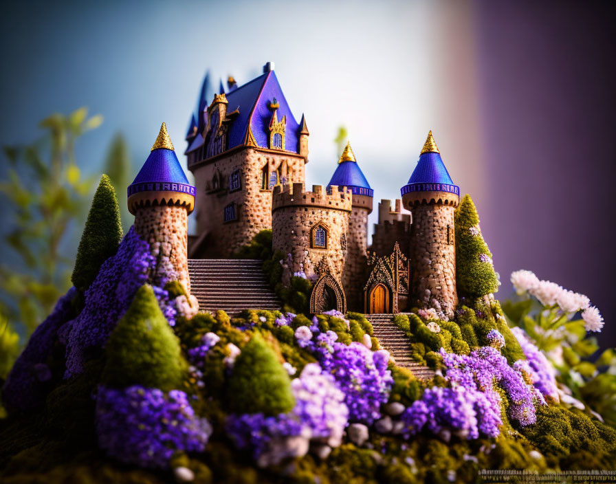 Miniature fantasy castle with blue rooftops in greenery and purple flowers