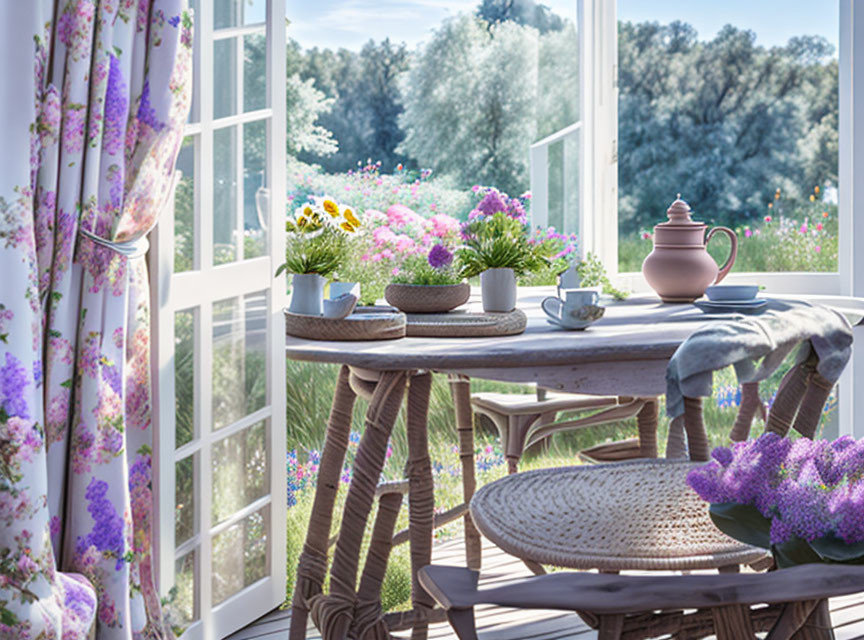 Rustic wooden table setting on sunlit porch with blooming flowers