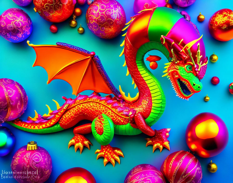 Colorful Stylized Dragon with Christmas Baubles on Blue Background