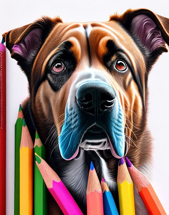 Colorful Dog Peeking Through Sharpened Pencils