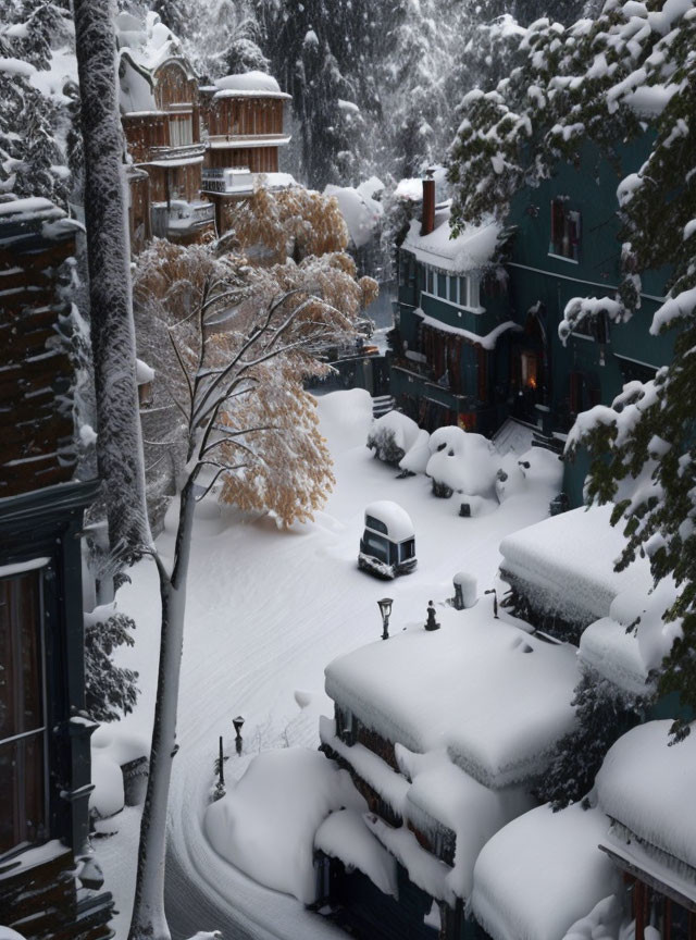 Snow-covered urban landscape with buildings, trees, tire tracks, and vehicle.