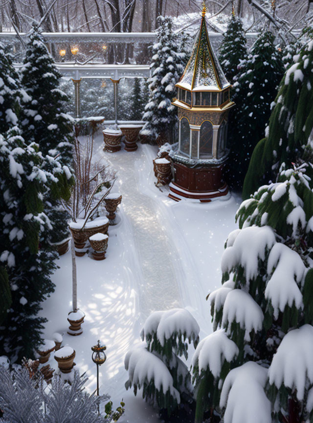 Snow-covered winter garden with glasshouse and serene atmosphere