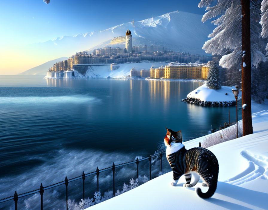 Snowy Ledge Cat Overlooking Tranquil Lake and Illuminated Town at Twilight