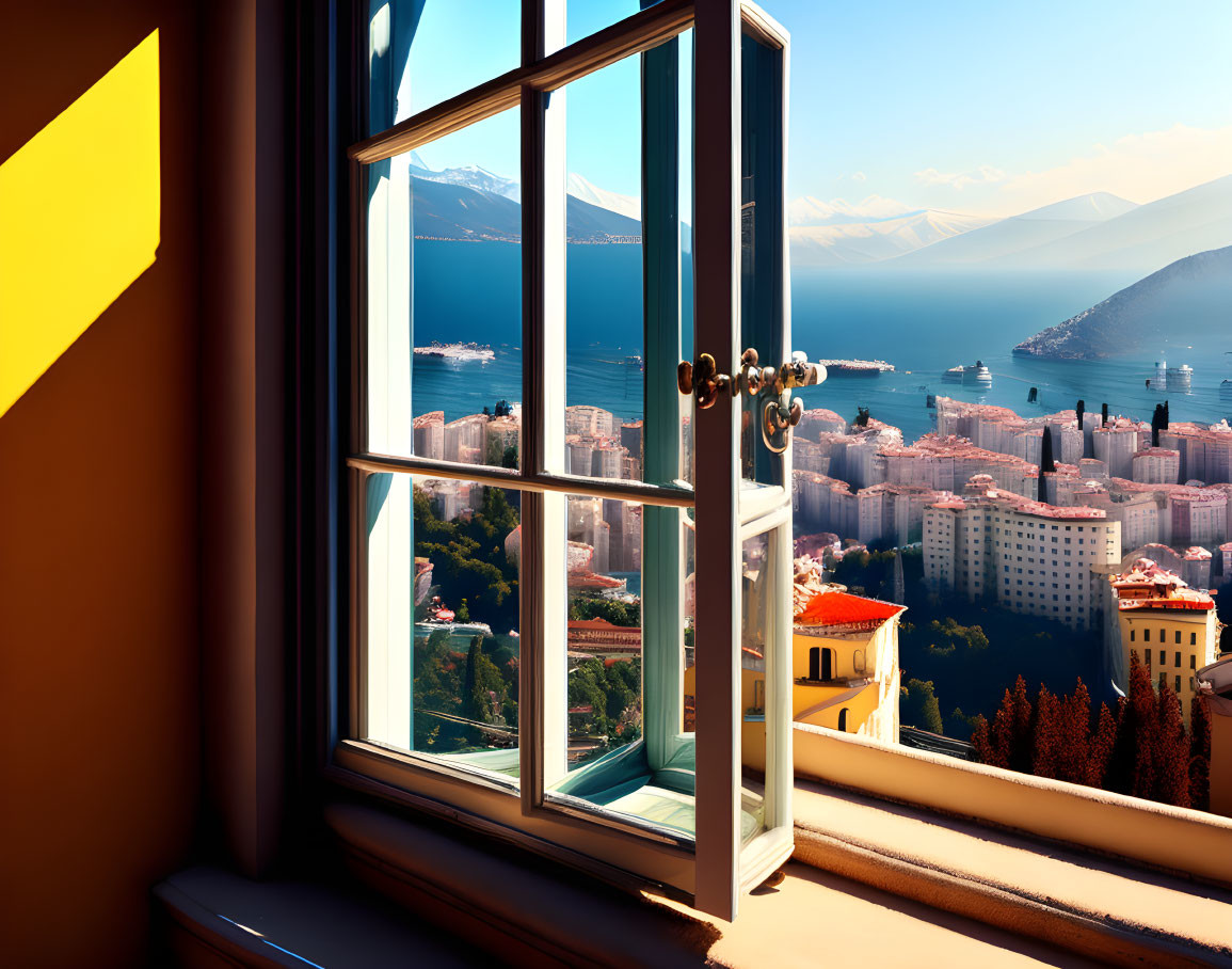 Coastal city view from open window with buildings and mountains