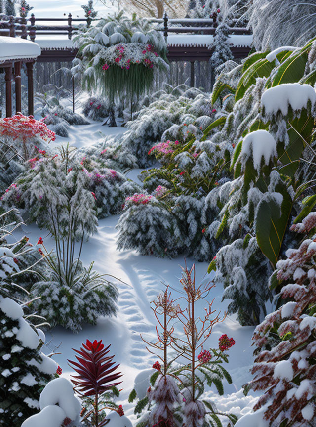 Snow-covered winter garden with frosty fence & snowy footpath