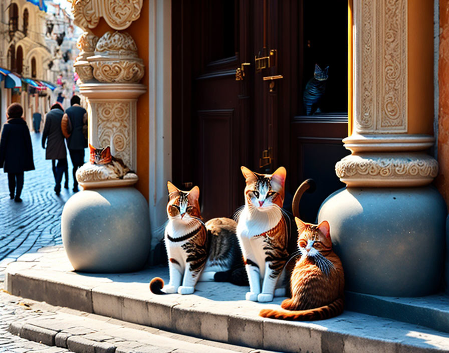 Three cats by ornate building entrance with passing crowd