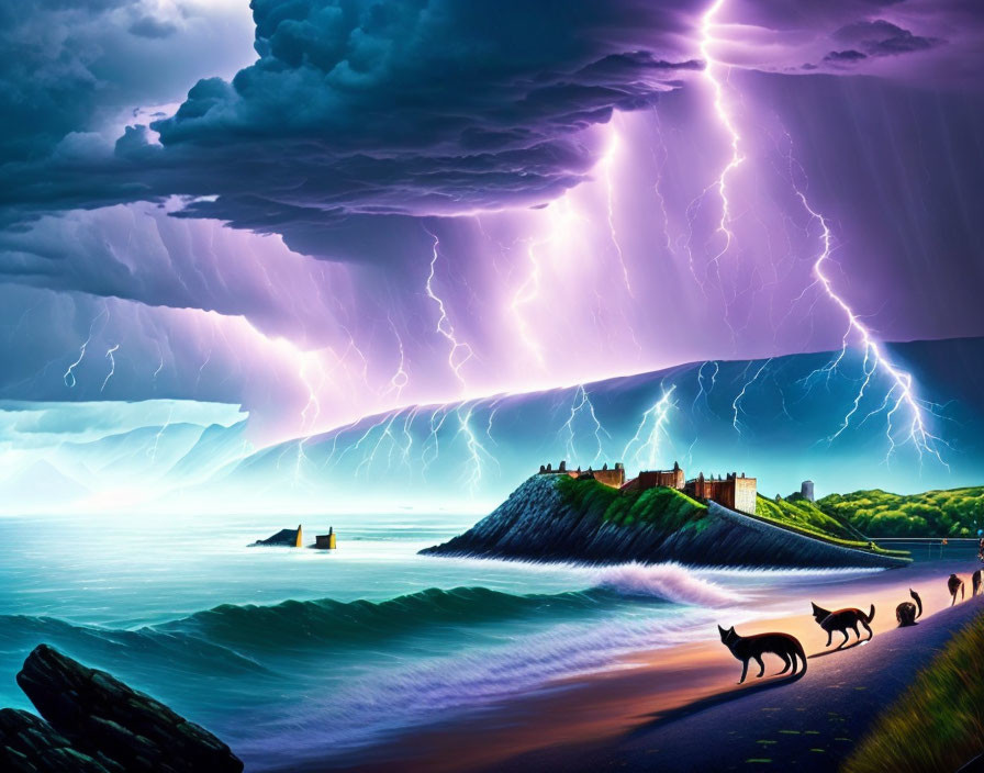 Digital Art: Lightning Storm Over Coastal Landscape with Wolves and Castle