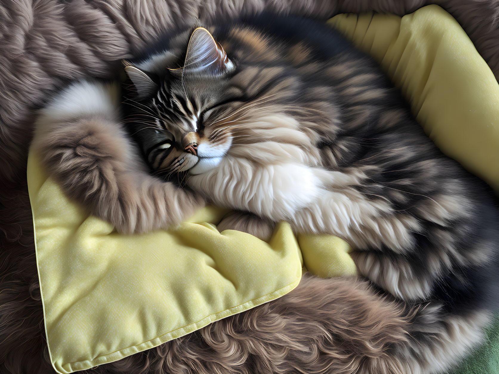 Tabby cat sleeping on yellow pillow in brown faux fur blanket