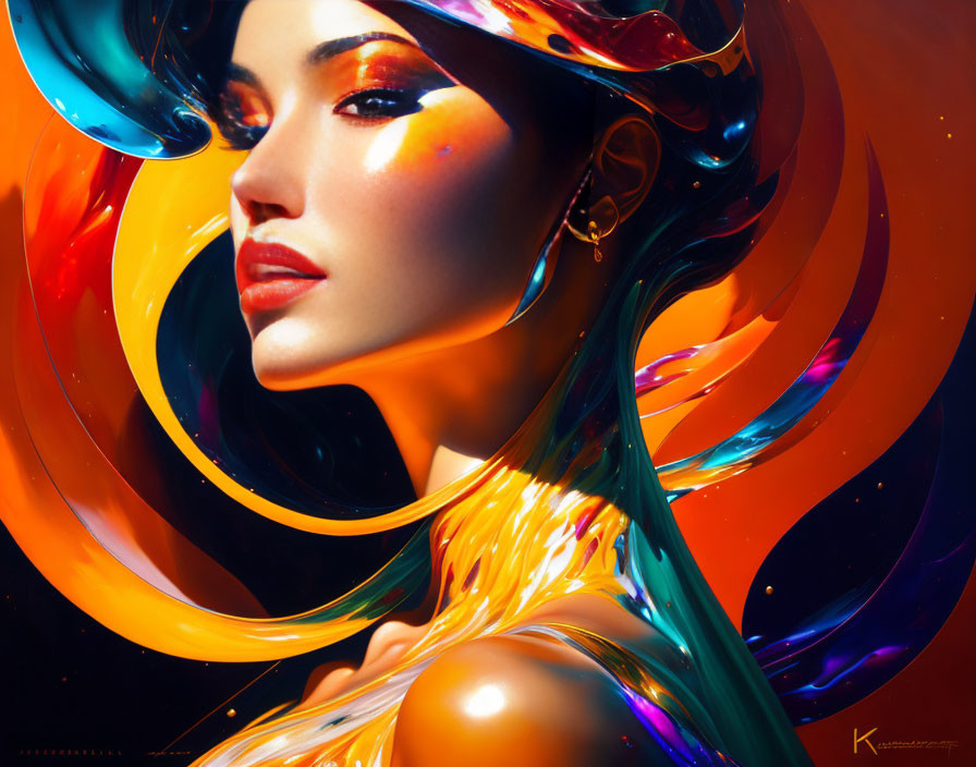 Colorful abstract digital artwork featuring a woman with swirling elements