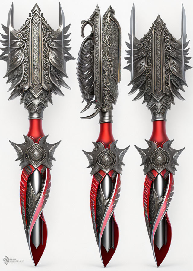 Three ornate fantasy daggers with intricate red details on blades