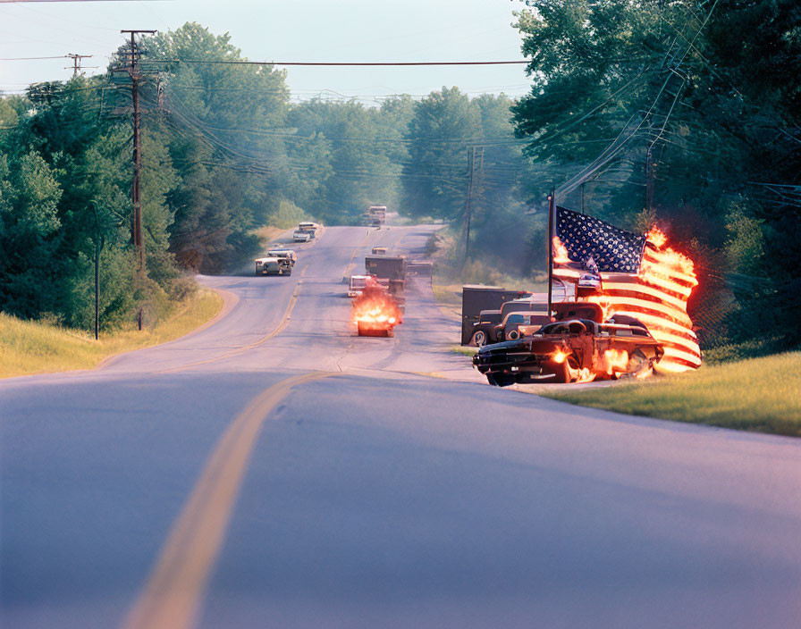 Vintage car with burning American flag among traffic on road, set in lush surroundings