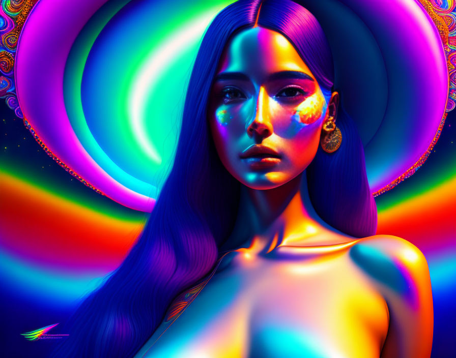 Colorful digital artwork: Woman in psychedelic patterns with vibrant lights on face against swirling background