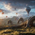 Majestic dragons in serene landscape with golden sunlight