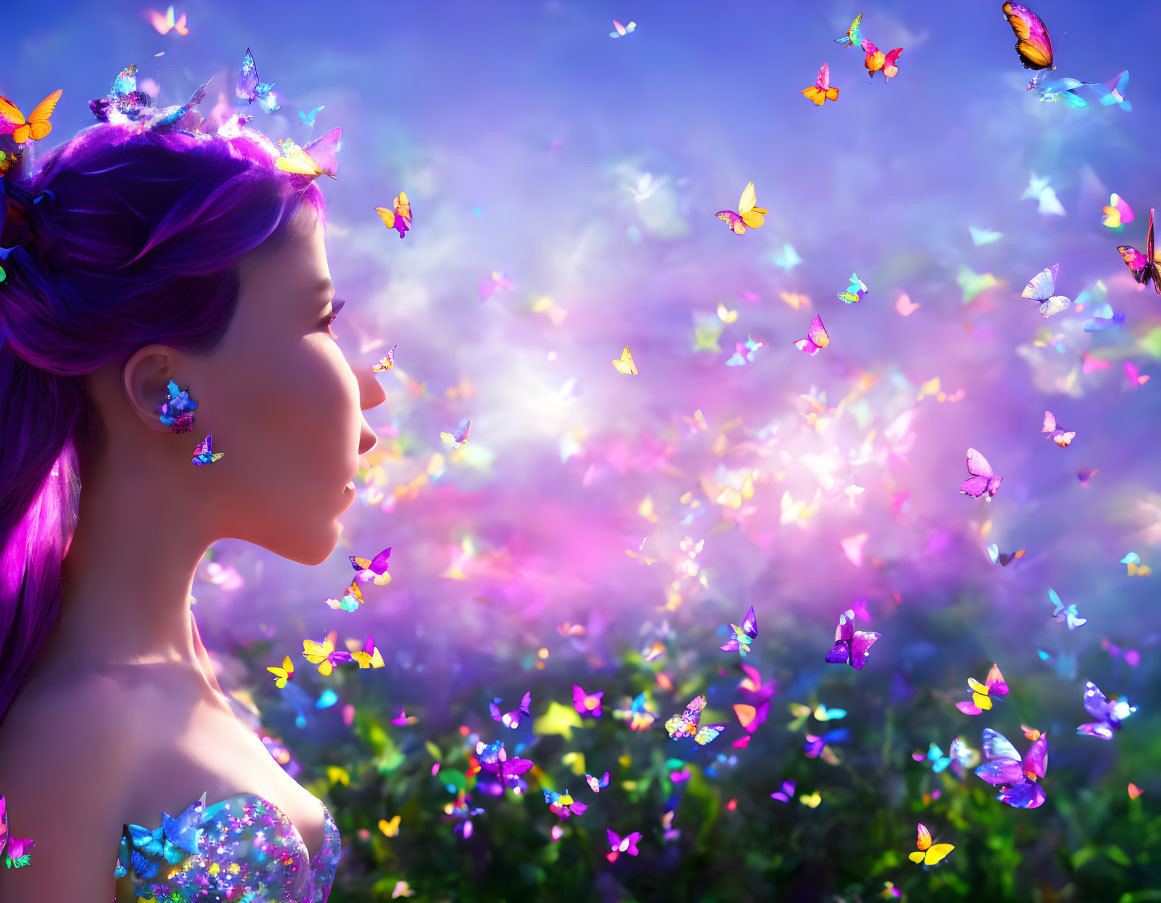 Purple-haired woman surrounded by luminescent butterflies in magical setting