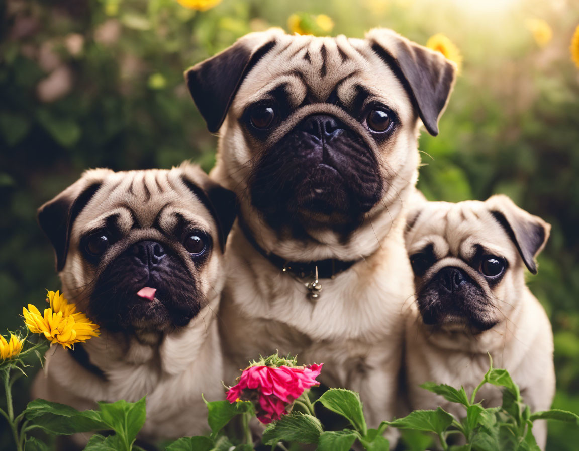 Three pugs sitting in a flower garden, one with tongue out