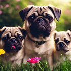 Three pugs sitting in a flower garden, one with tongue out