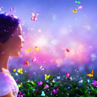 Purple-haired woman surrounded by luminescent butterflies in magical setting