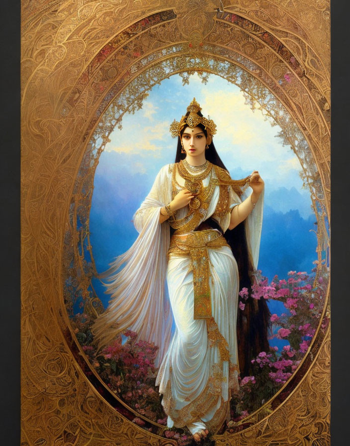 Regal woman in traditional attire with gold adornments in golden floral oval frame