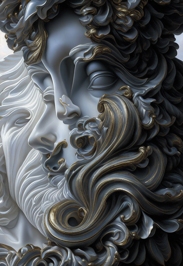 Detailed Sculpture of Bearded Man with Ornate Hair and Beard