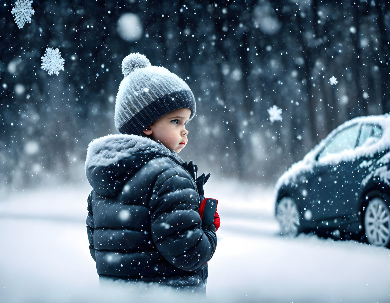 Child in snow with car and falling snowflakes