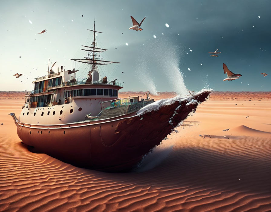 Ship sailing through desert with water at bow, birds blur sea-sand line