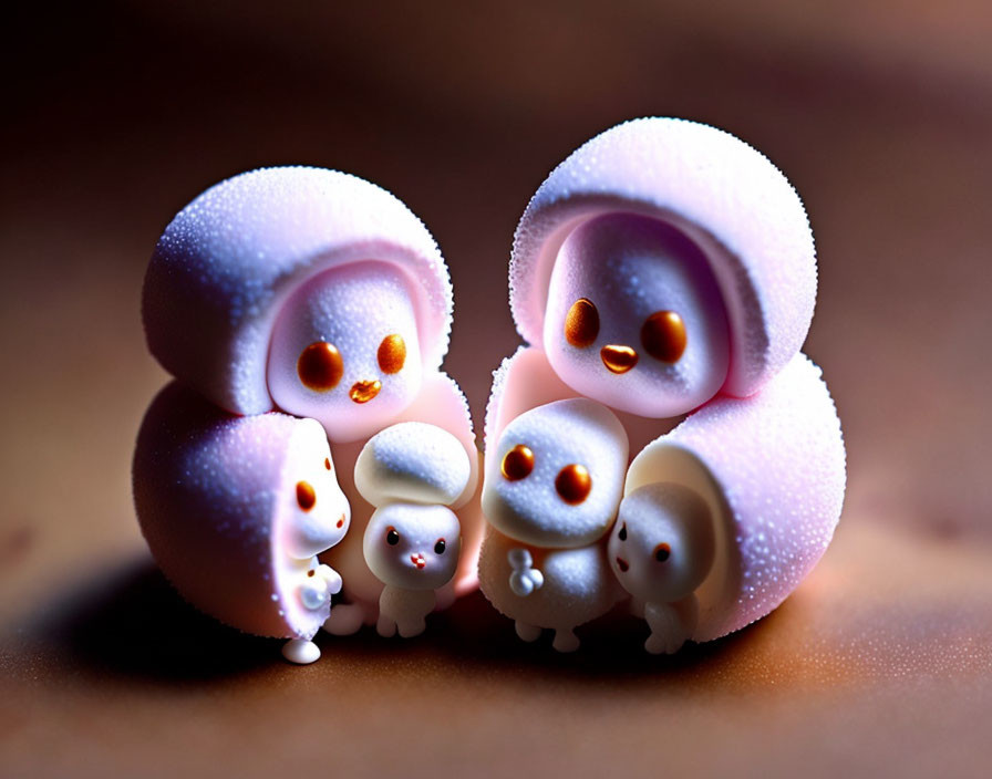 Three small white ghost-like animated characters with orange eyes in a family grouping.