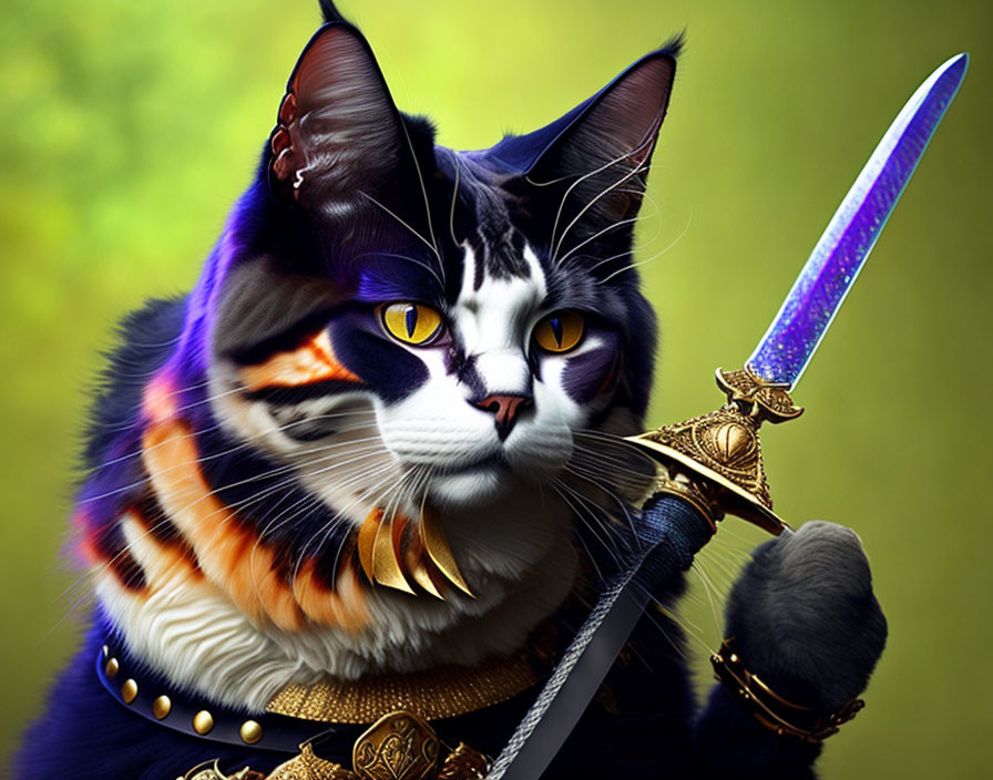 Cat with human-like features in warrior attire with sword and armor