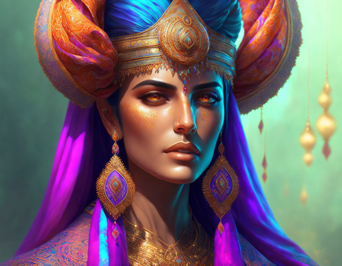 Golden-skinned woman in blue and gold headdress and purple attire.