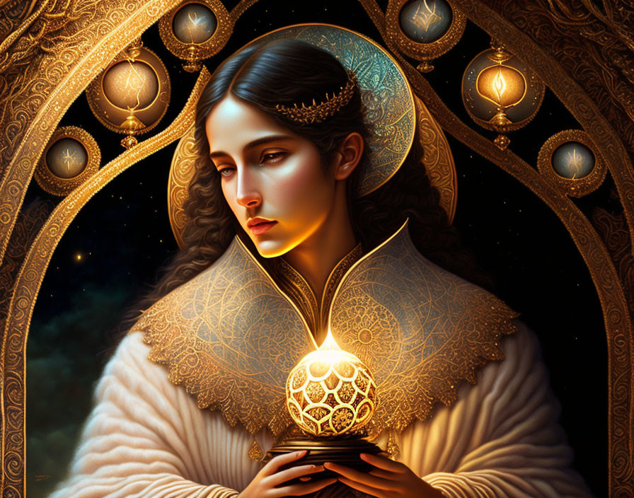 Fantasy portrait of woman with ornate headpiece and glowing orb in starry night scene