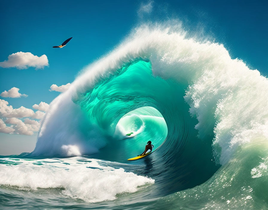 Surfer riding large, hollow wave under clear blue sky with bird flying.