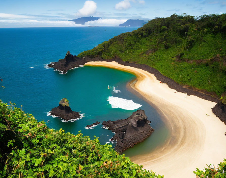 Scenic crescent-shaped beach with golden sands and blue sea