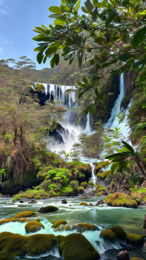 Serene river with lush waterfall and greenery