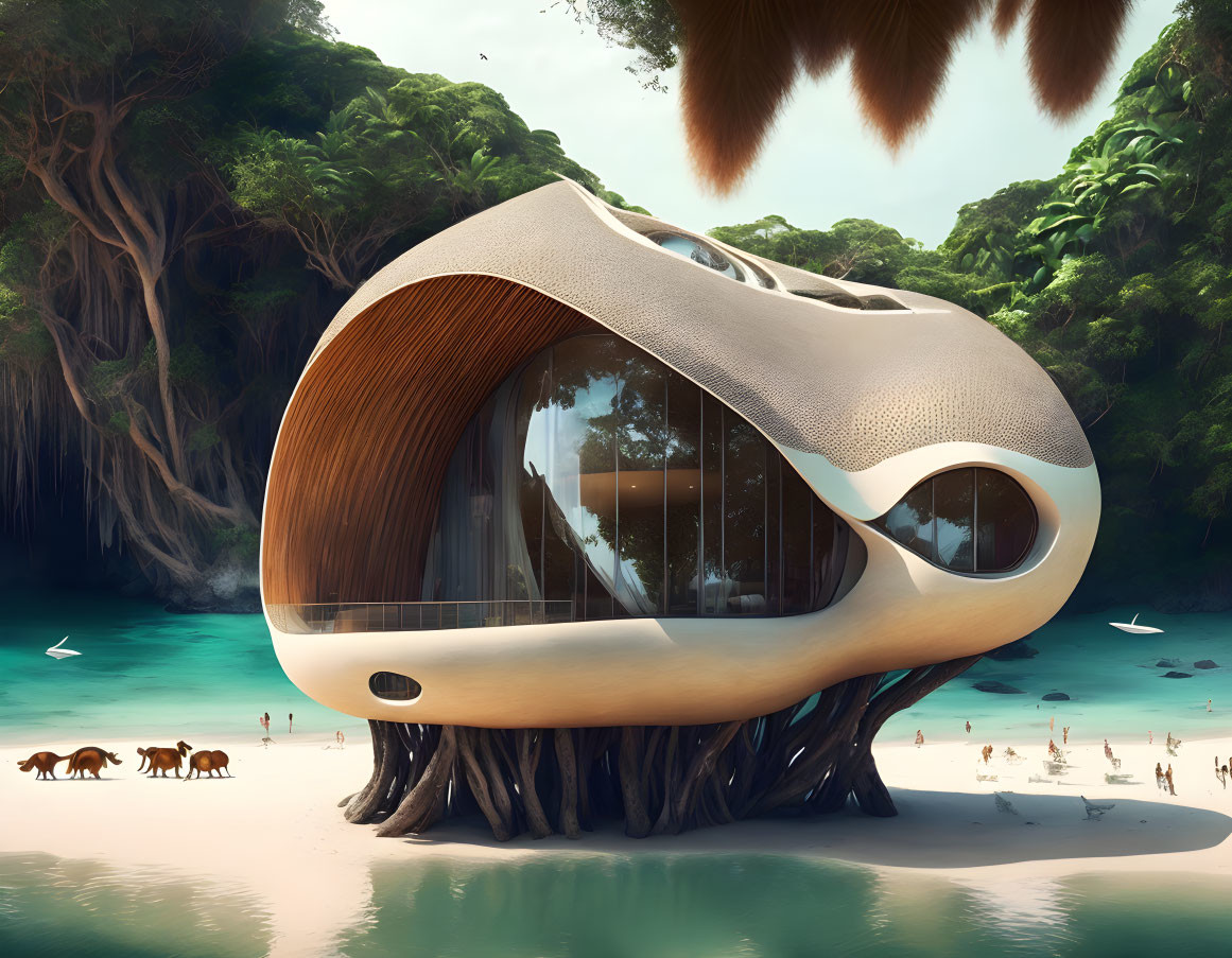 Unique futuristic treehouse on tropical beach with flowing design.