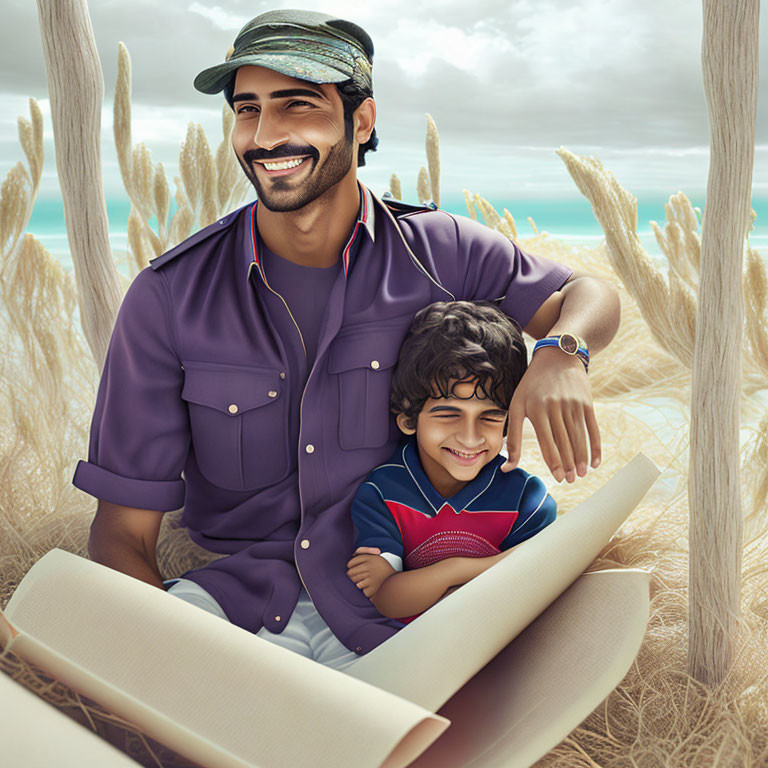 Smiling man and child in wheat field with paper roll