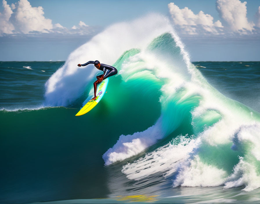 Surfer in Black Wetsuit Riding Dynamic Green-Blue Wave