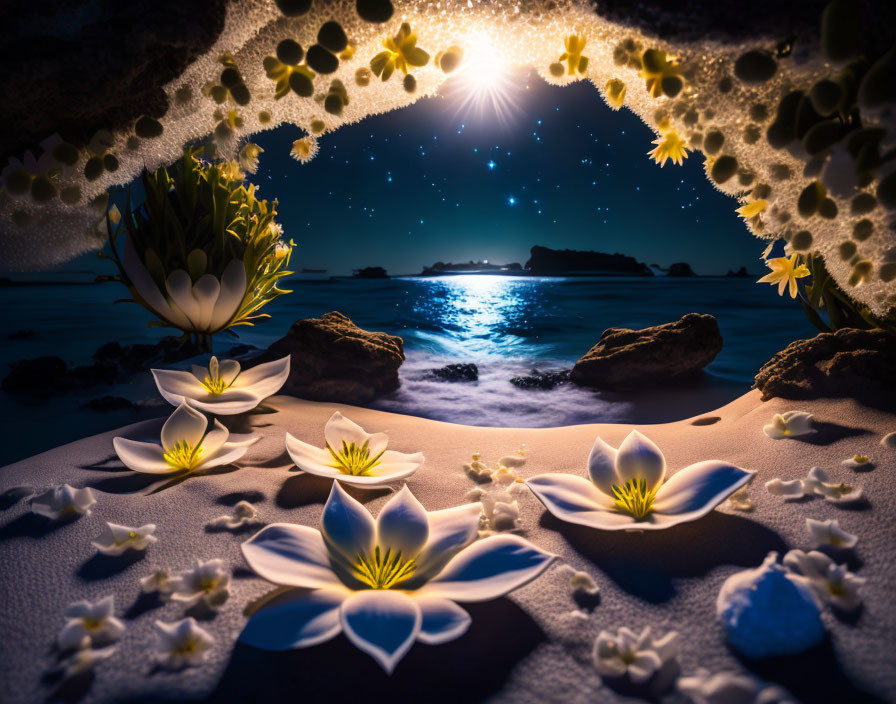 Tranquil Night Beach Scene with Moonlit Sky