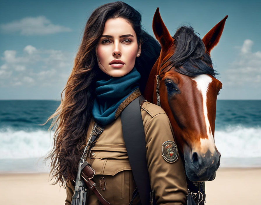 Woman in military-style outfit with horse on beach.