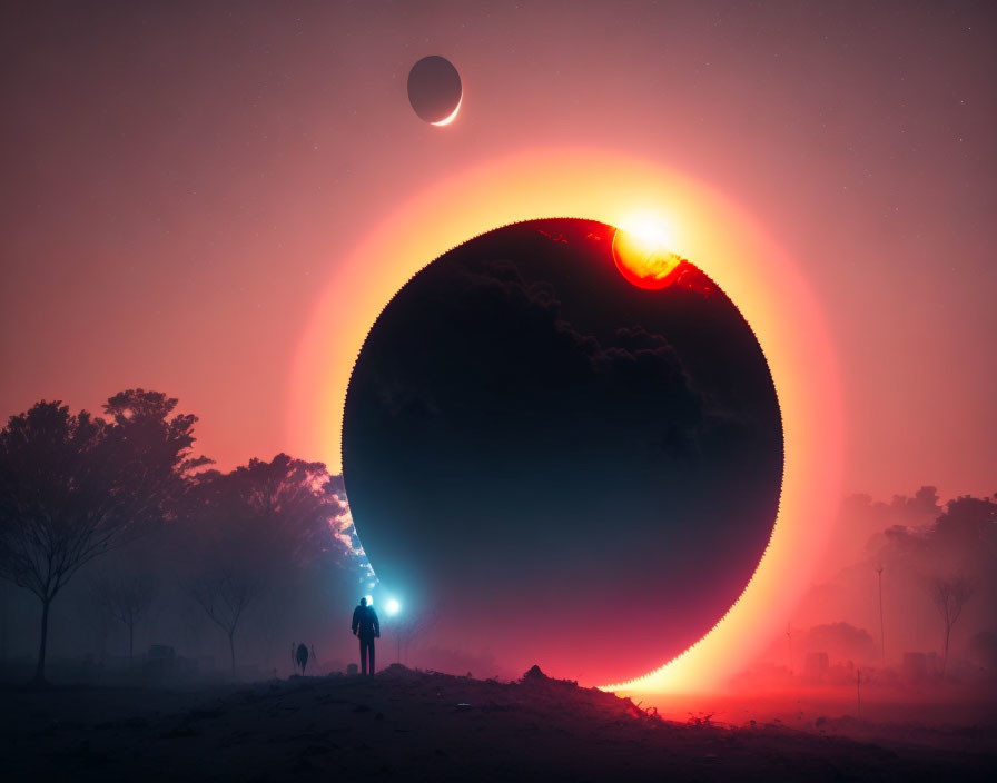 Silhouetted figure in surreal scene with dark sphere and red sun.