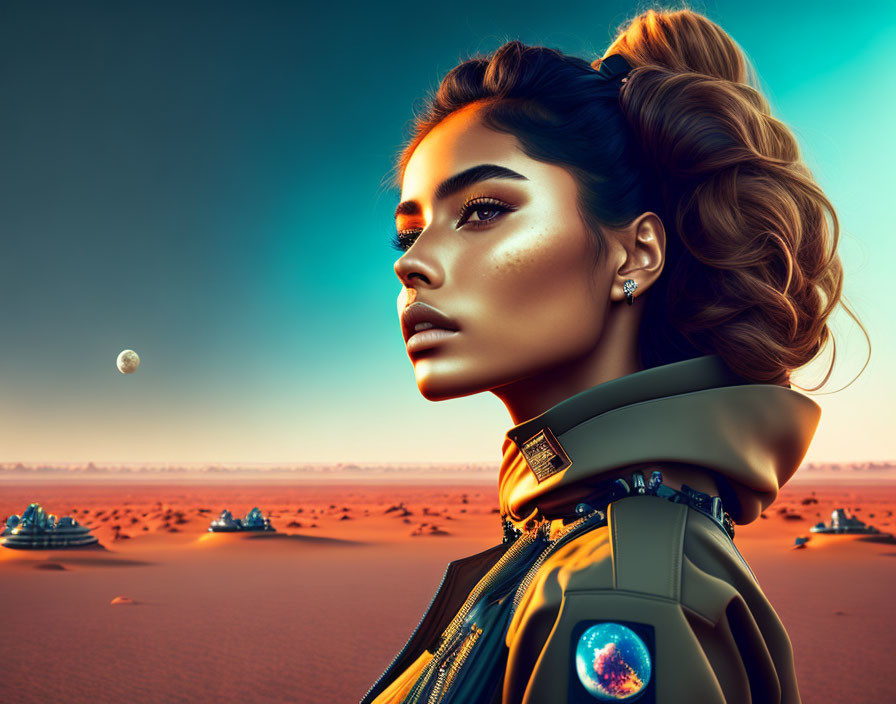 Futuristic woman with bold makeup in desert with space vehicles and distant planet.