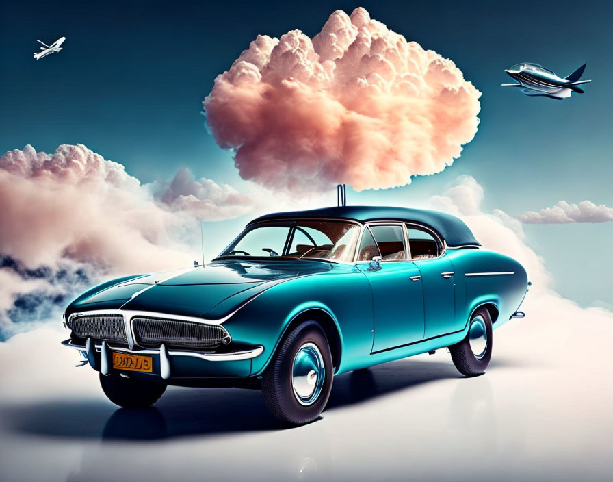 Vintage Teal Car with White-Wall Tires Under Surreal Sky