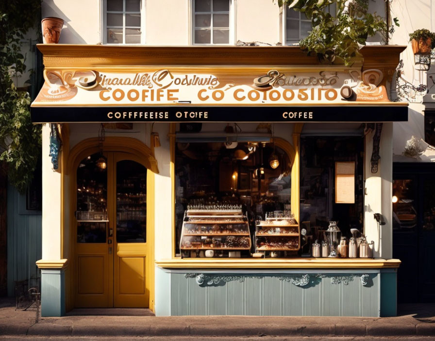 Vintage Facade Coffee Shop with Yellow & Teal Decor