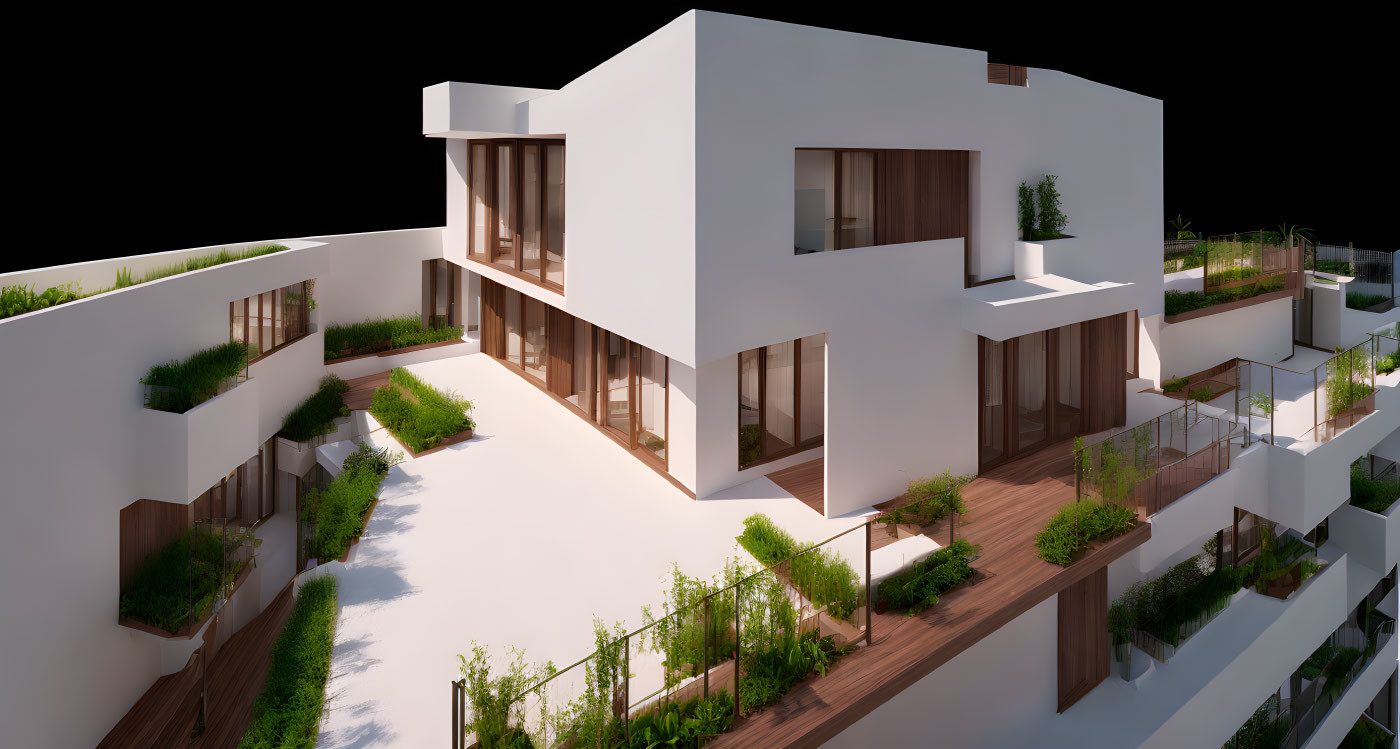 White Cubic Residential Building with Large Windows and Rooftop Gardens at Night