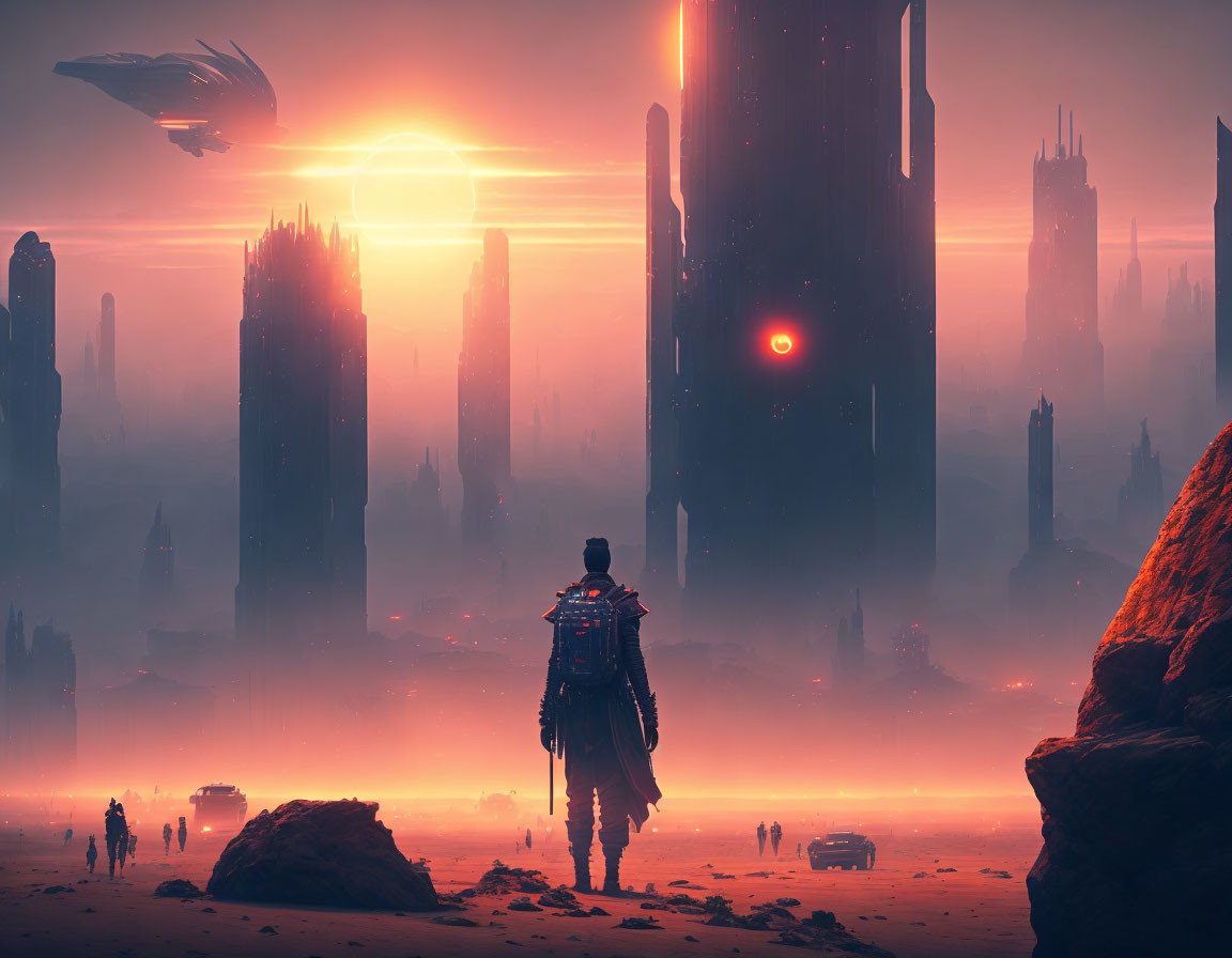 Silhouetted figure in front of sci-fi cityscape with red sun