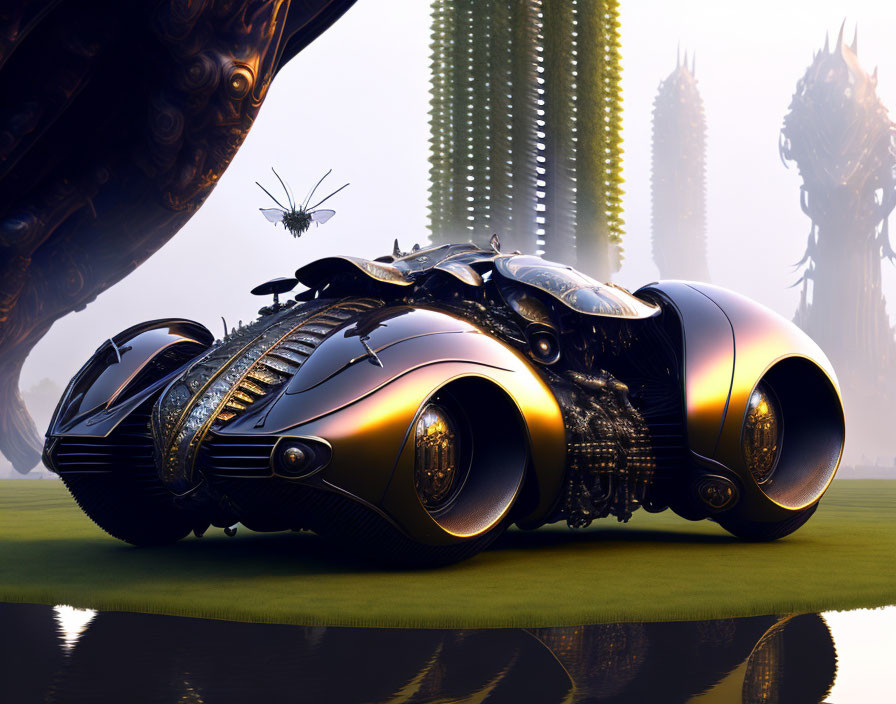 Sleek futuristic vehicle with large wheels and ornate metallic details