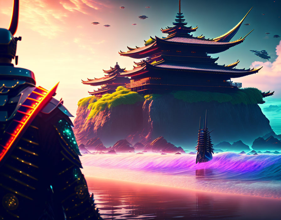 Futuristic samurai by neon-lit shore gazes at ancient pagoda on misty cliffs